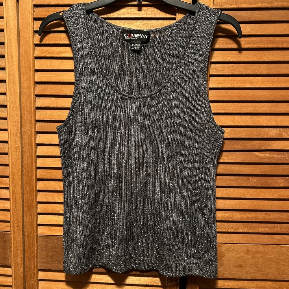 Company by Ellen Tracy Grey & Silver Metallic Knit Ribbed Tank Top